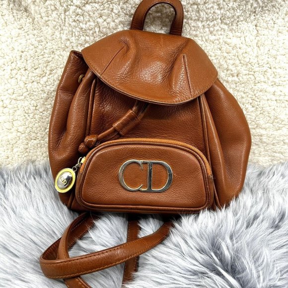 Vintage Christian Dior Tan Brown Leather CD Flap Mini Backpack - Picture 1 of 11